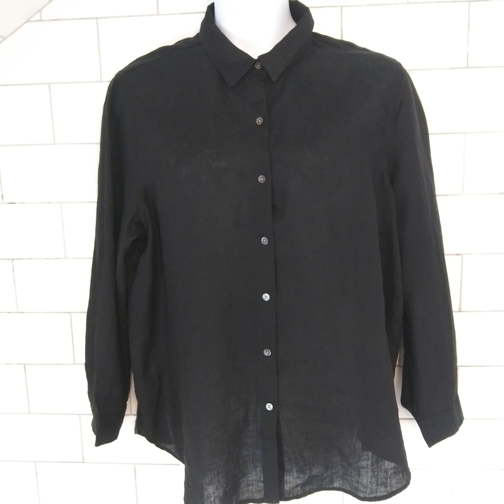 J. Jill XL NEW 100% Linen Black Lightweight Collared Button-Up Shirt